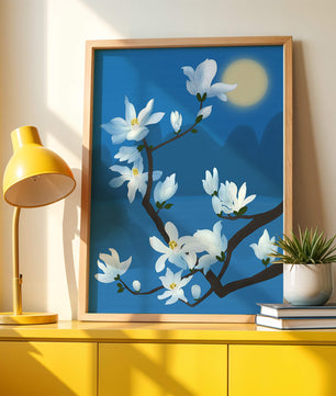 White magnolia branch under moonlight with blue background