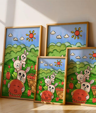Illustration de lapins espiègles avec des carottes dans un champ ensoleillé