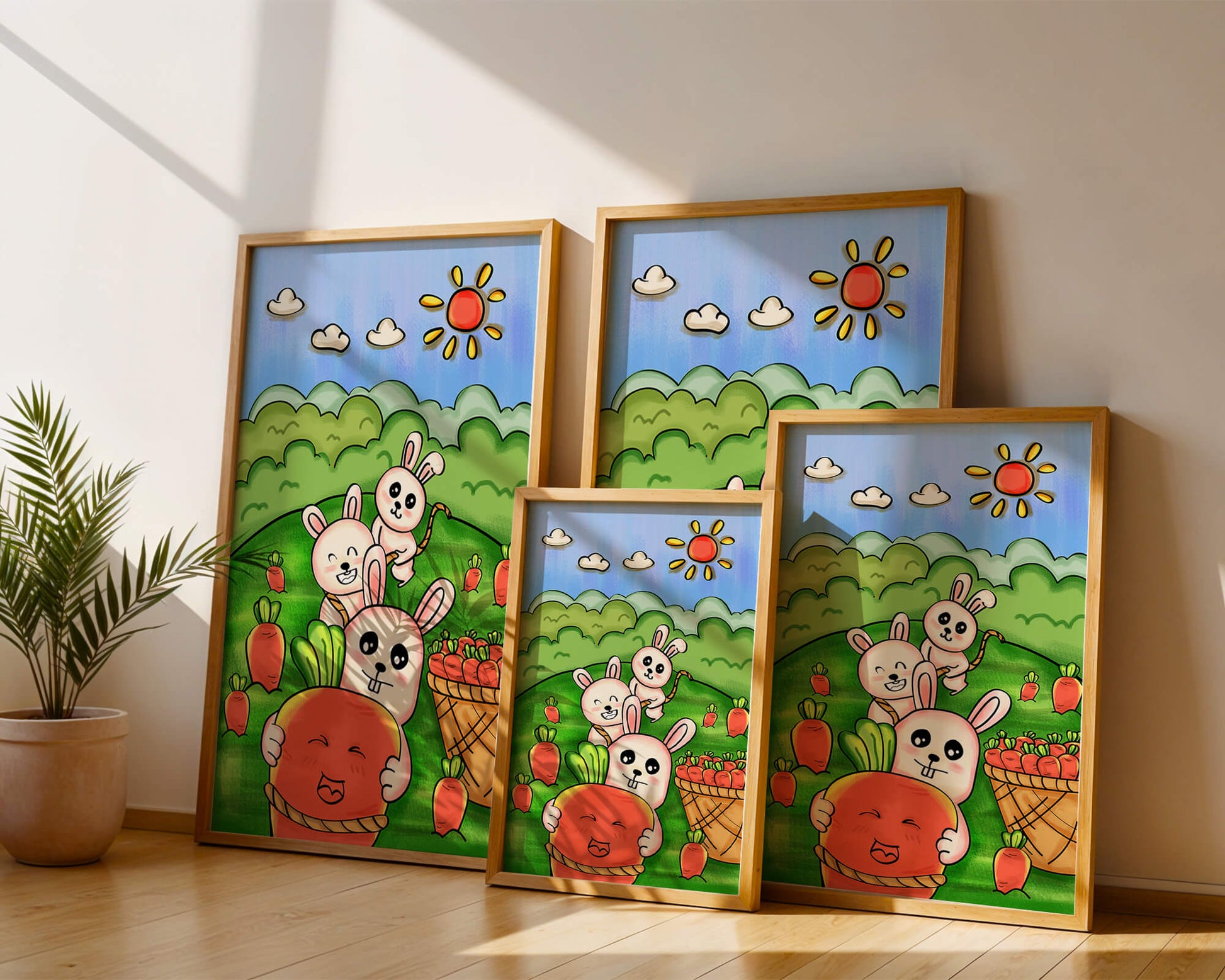 Illustration de lapins espiègles avec des carottes dans un champ ensoleillé