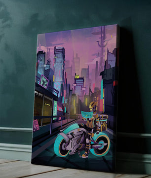 Paisaje urbano futurista cyberpunk con rascacielos iluminados con neón y motociclista