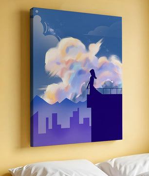 Silhouette of a woman on rooftop against a dreamy sky with colorful clouds