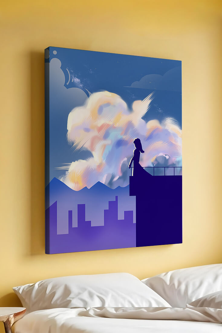 Silhouette of a woman on rooftop against a dreamy sky with colorful clouds