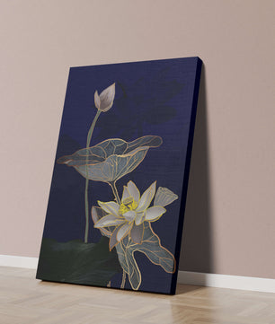 Elegant Lotus Flower with Gold Accents on Deep Blue Background