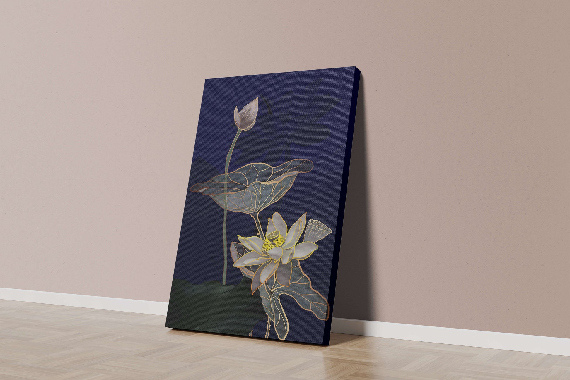 Elegant Lotus Flower with Gold Accents on Deep Blue Background