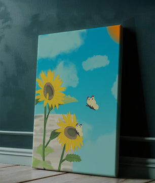 Sunflowers And Butterflies Under A Bright Blue Sky