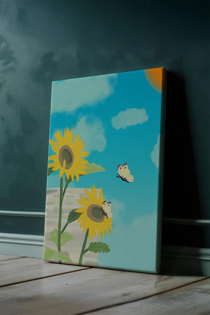 Sunflowers And Butterflies Under A Bright Blue Sky