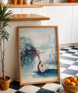 Paisaje tradicional chino con instrumento musical y flores