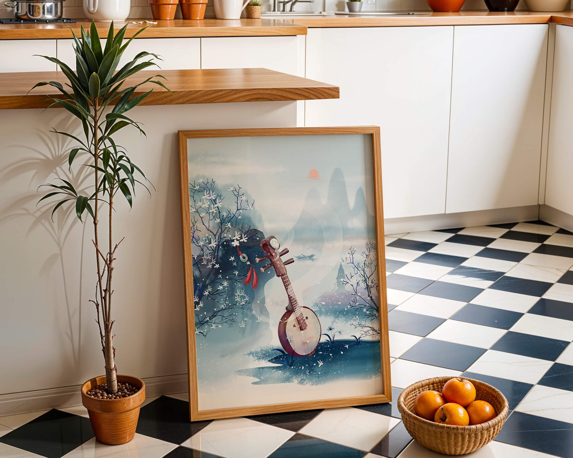 Paisaje tradicional chino con instrumento musical y flores