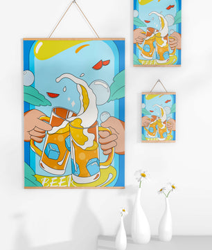Colorful Illustration of Two Clinking Beer Mugs with Ice Cubes and Citrus Slices