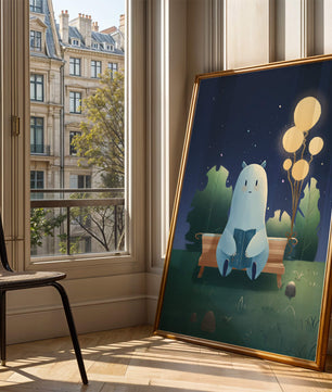 Ilustración nocturna acogedora con una criatura leyendo bajo un cielo estrellado