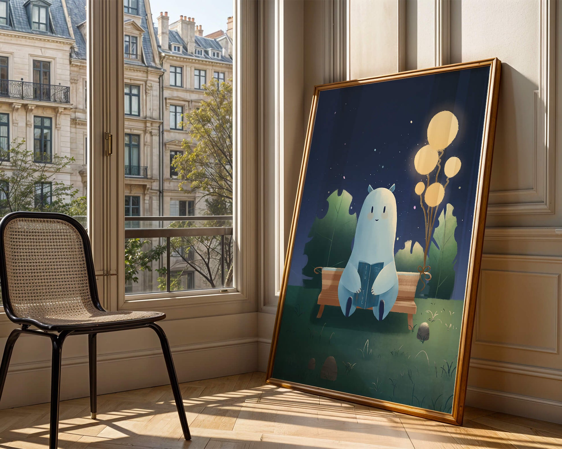 Cozy nighttime illustration with a creature reading under starry sky