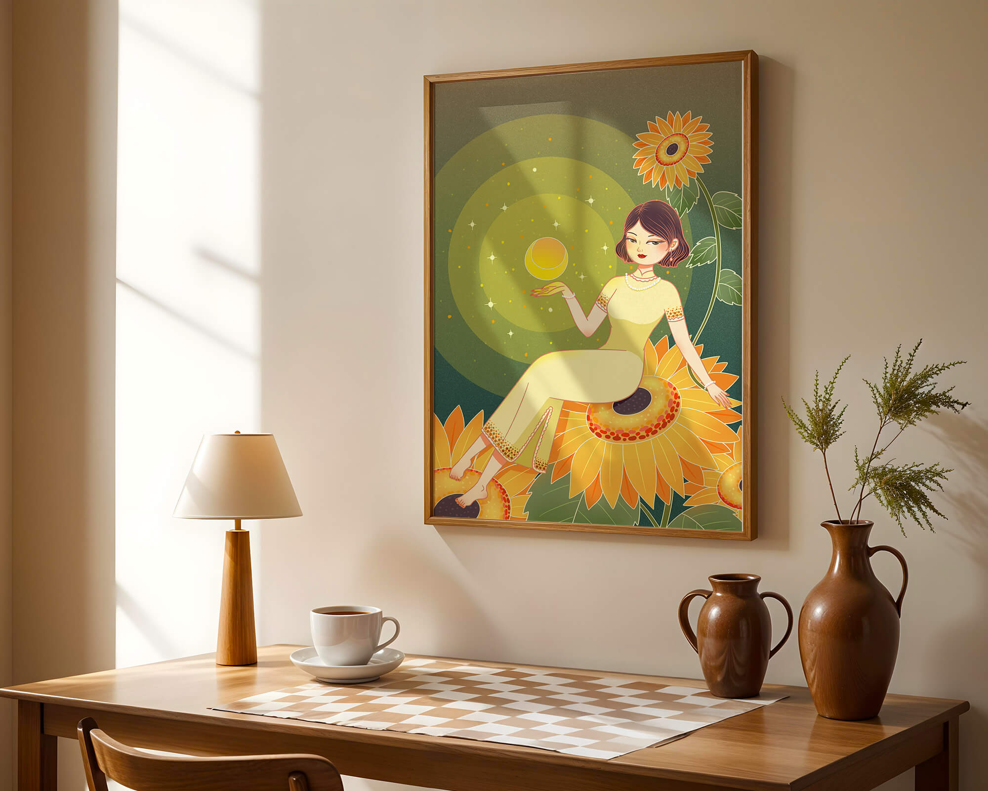 Elegant illustration of a woman on sunflowers with glowing orb