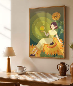 Elegant illustration of a woman on sunflowers with glowing orb