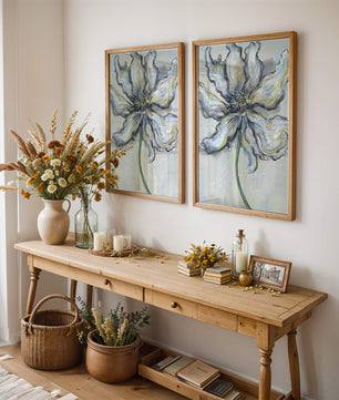 Elegant blue and green abstract floral artwork with flowing lines