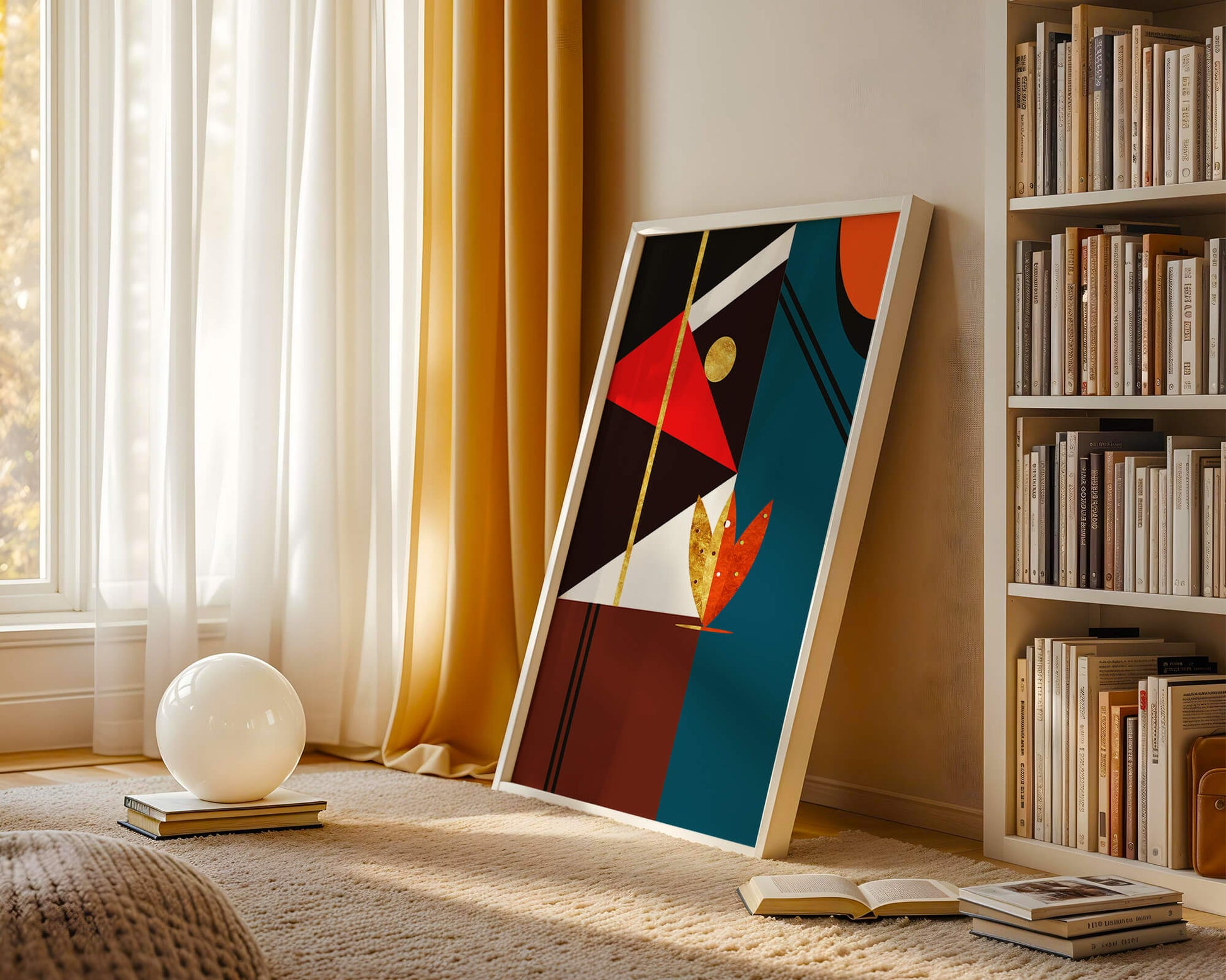 Geometrische abstrakte Kunst mit Gold und kräftigen Formen