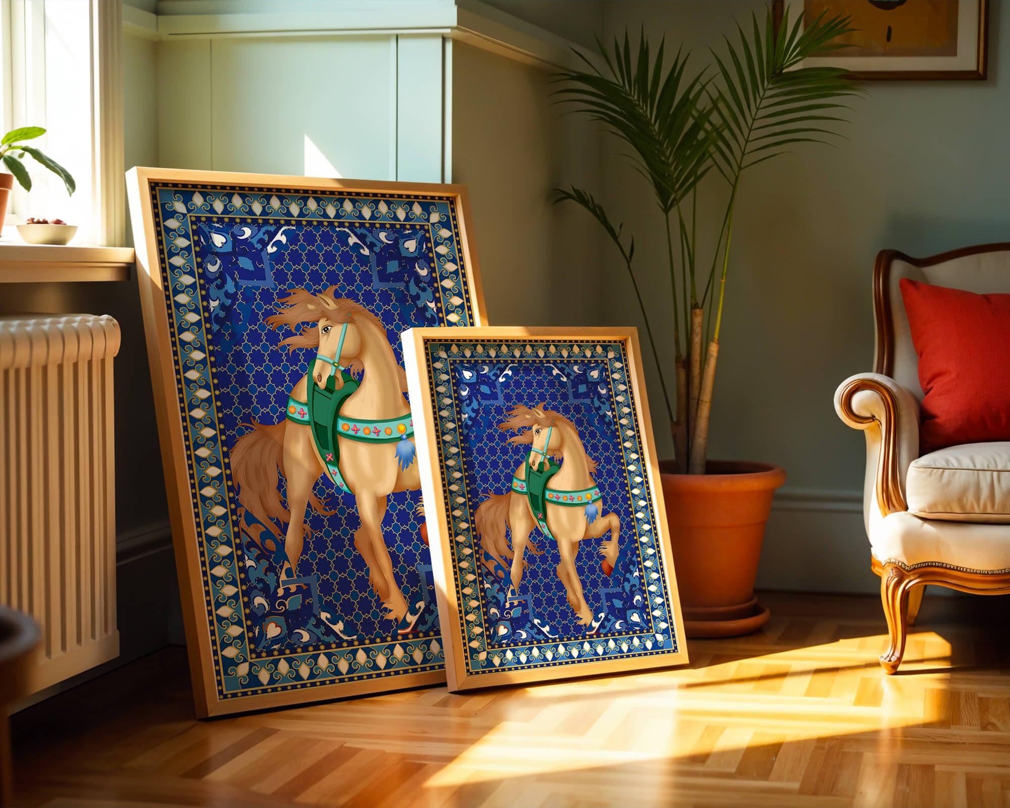 Intricate patterned horse art with a vibrant decorative border