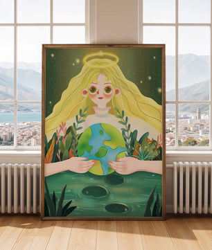 Illustration de la nature paisible avec une figure céleste tenant la Terre