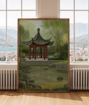 Tranquil Asian garden scene with traditional pagoda and serene pond