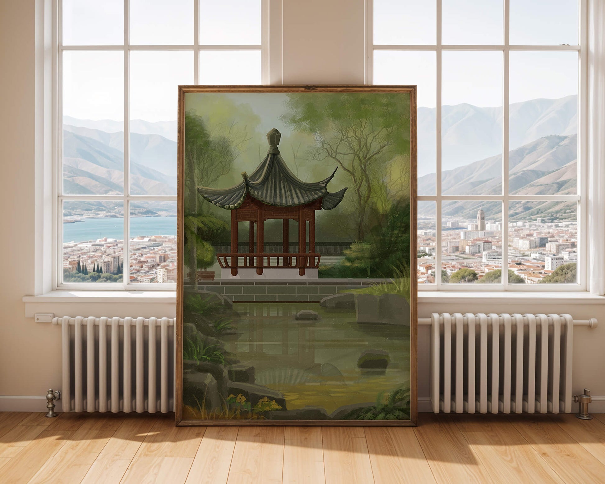 Tranquil Asian garden scene with traditional pagoda and serene pond
