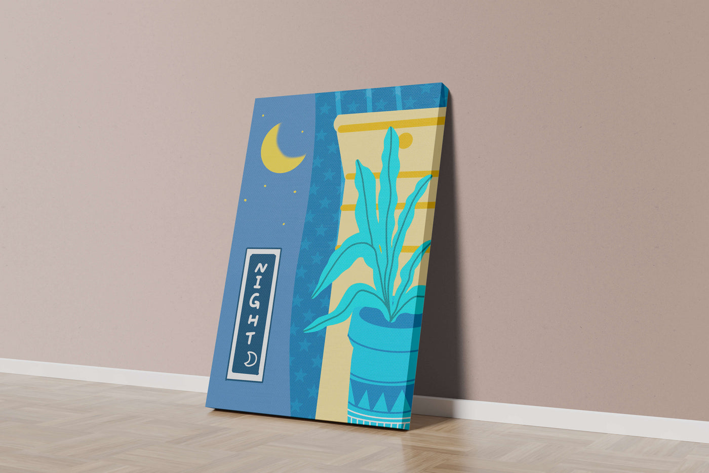 Nighttime plant illustration with crescent moon and starry background