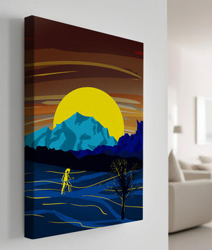 Paisaje surrealista con una puesta de sol vibrante y silueta