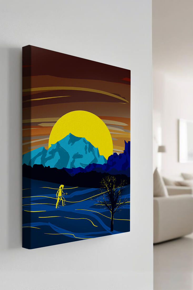 Surreal landscape with a vibrant sunset and silhouette