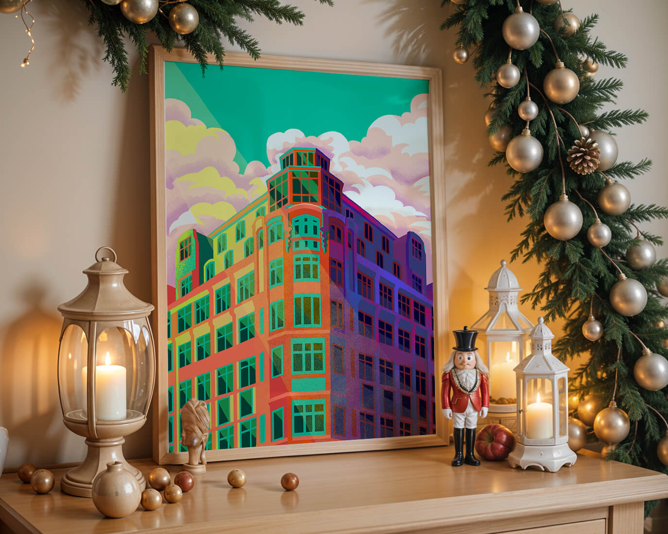 Colorful geometric building with vibrant sky