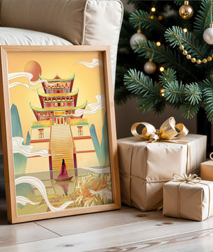 Ancient temple with serene landscape and vibrant colors artwork