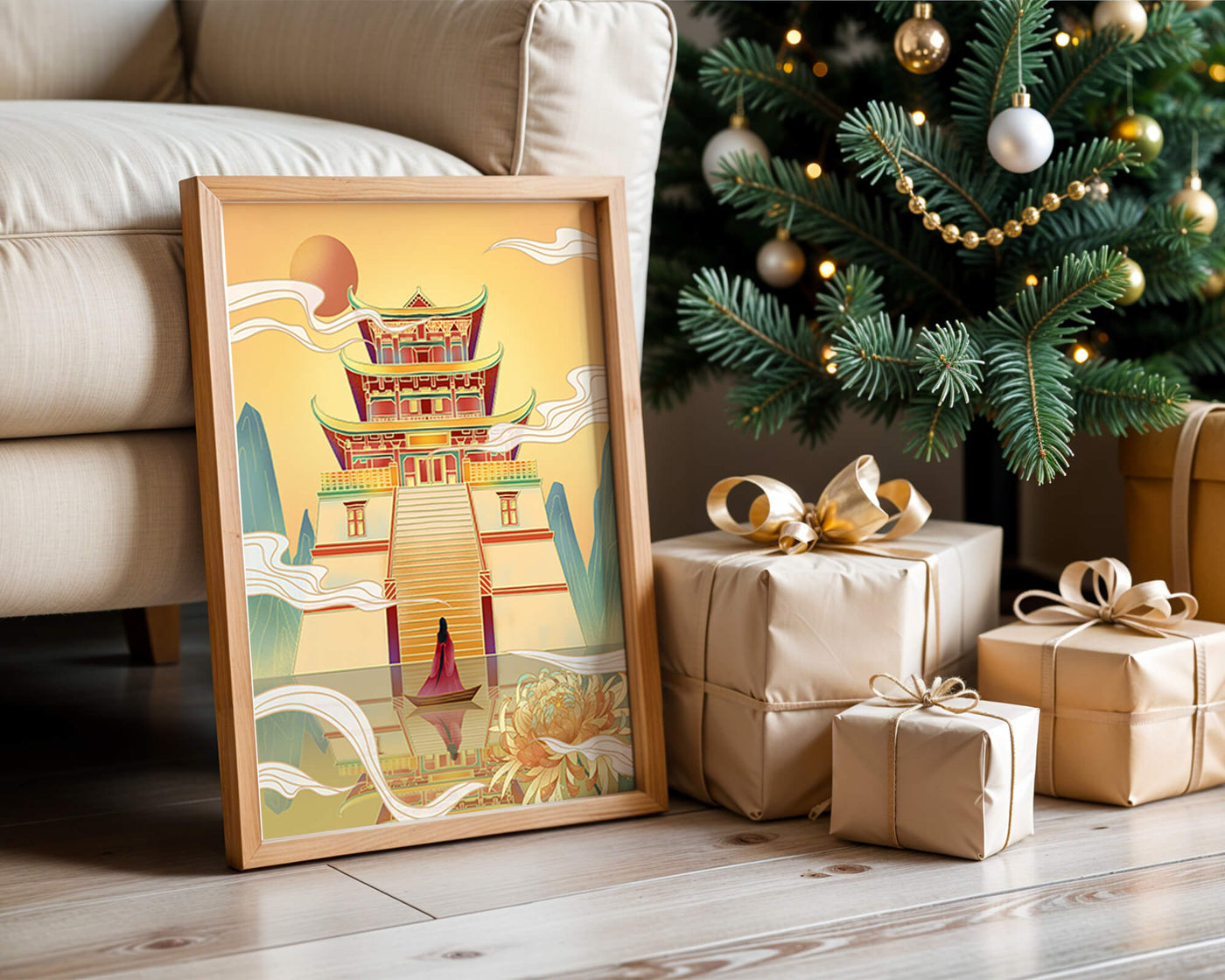 Ancient temple with serene landscape and vibrant colors artwork