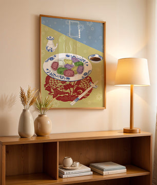 Colorful dumplings and tea set on decorative mat