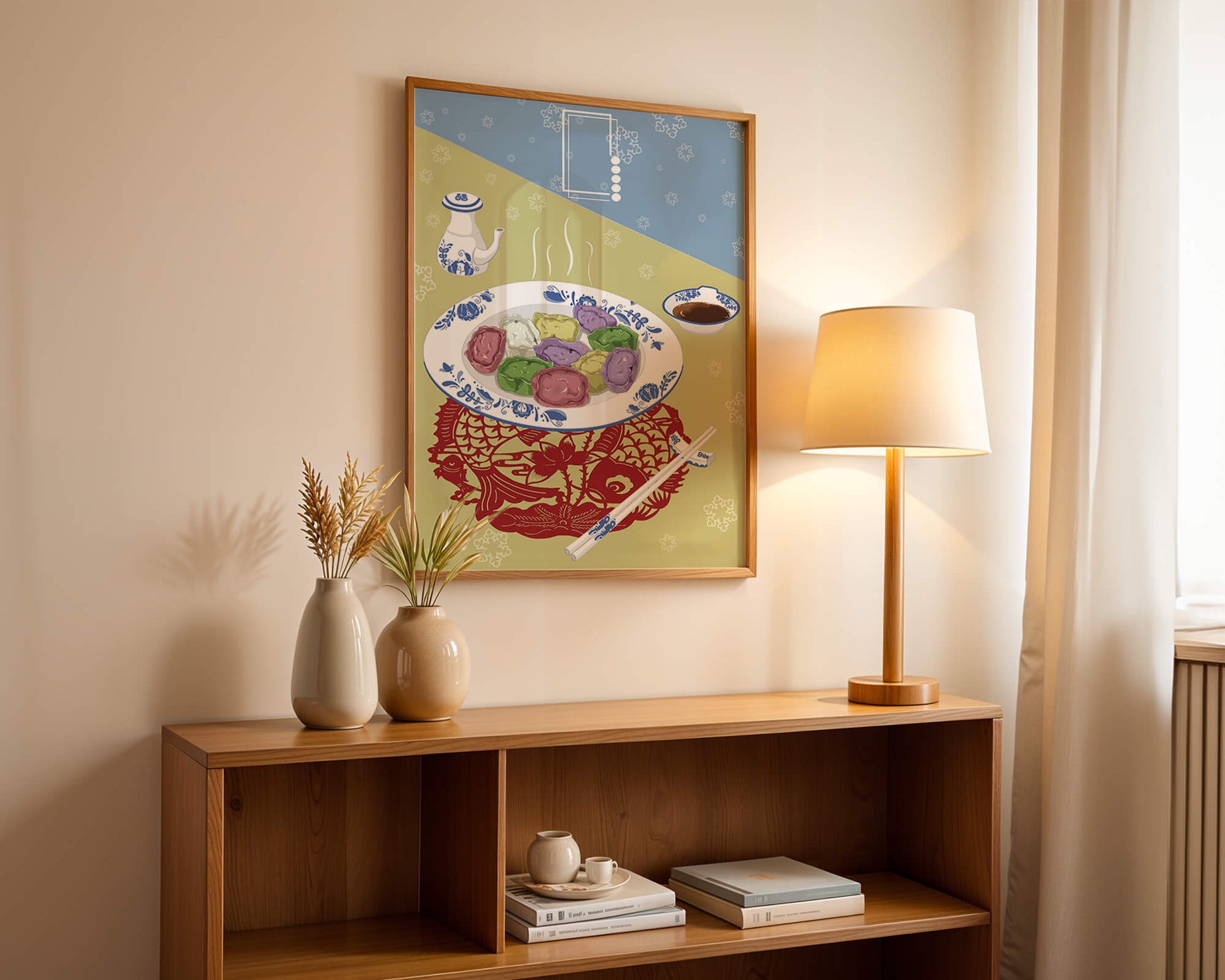 Colorful dumplings and tea set on decorative mat