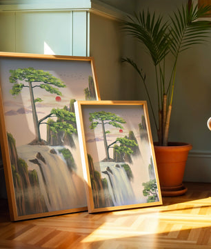 Serene landscape with flowing waterfall and sunrise