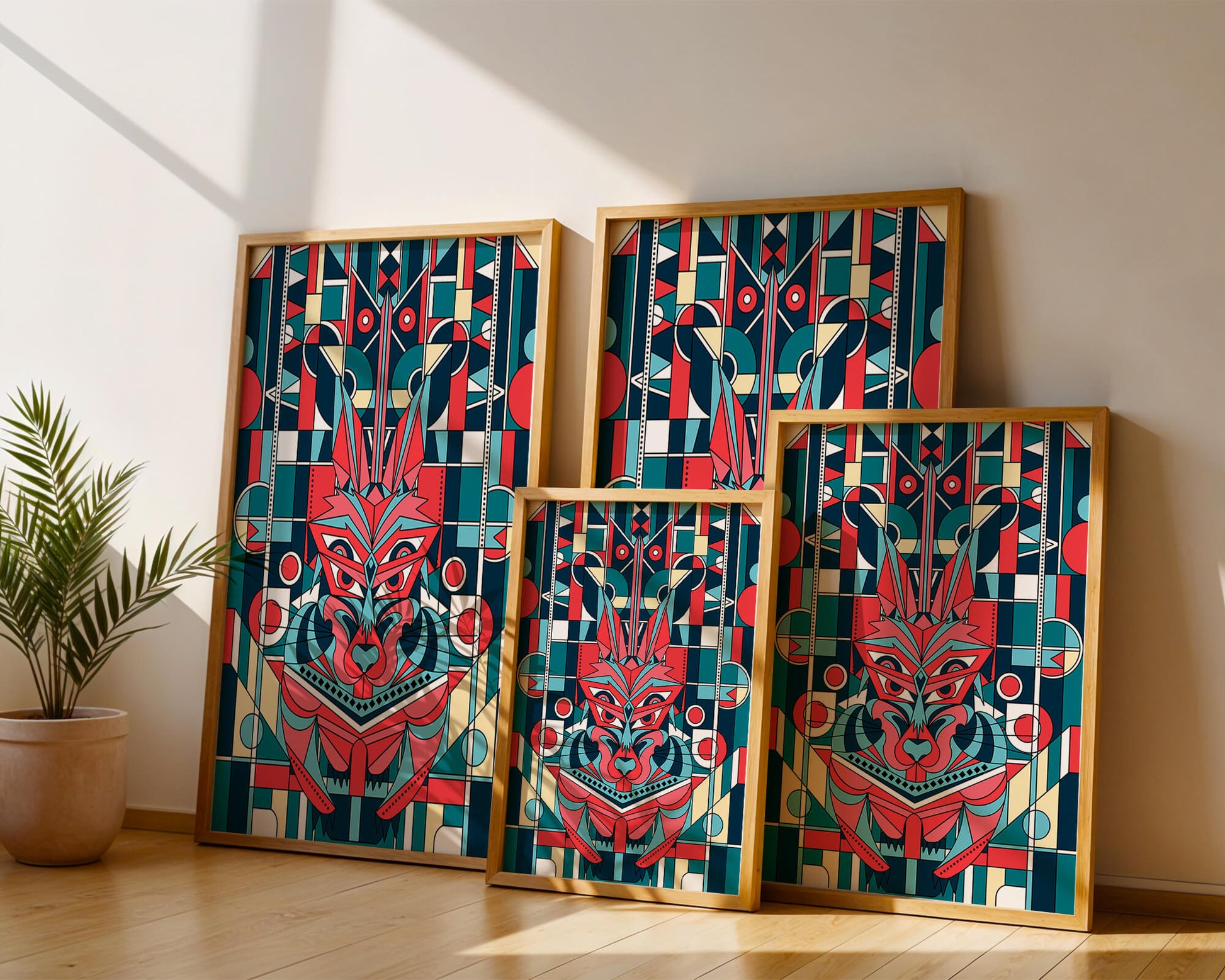 Arte abstracto geométrico de lobo con influencias tribales