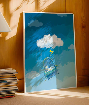 Gato soñador en un sillón flotante en un cielo nublado surrealista