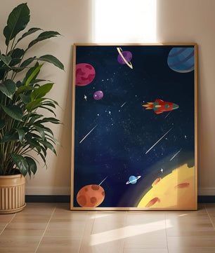 Farbenfrohes Weltraumabenteuer mit Planeten und Raketenillustration