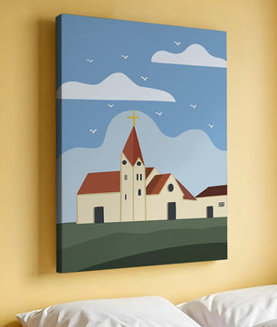 Idyllic Church Landscape with Golden Cross and Blue Sky