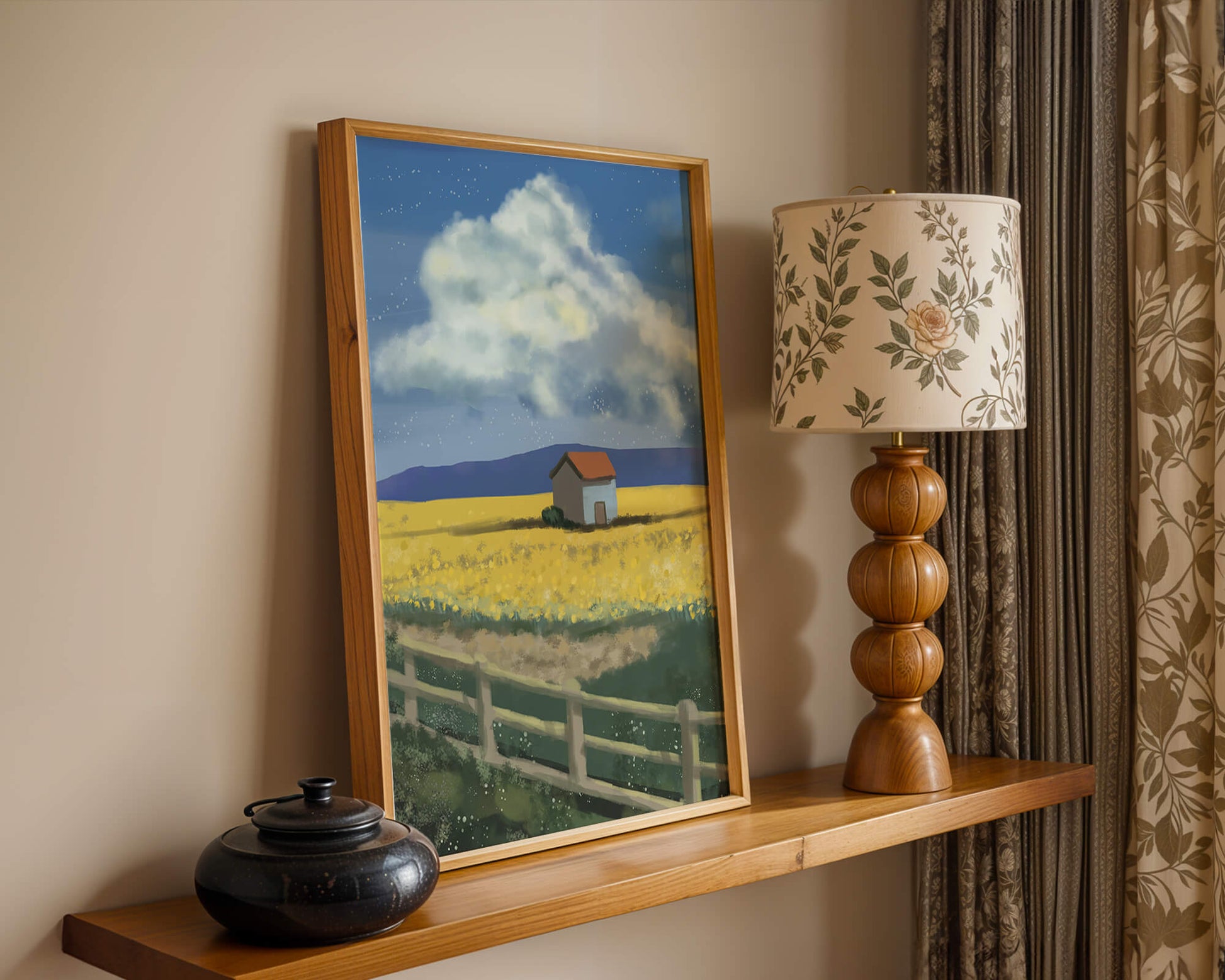 Idyllic rural scene with house and yellow field under blue sky
