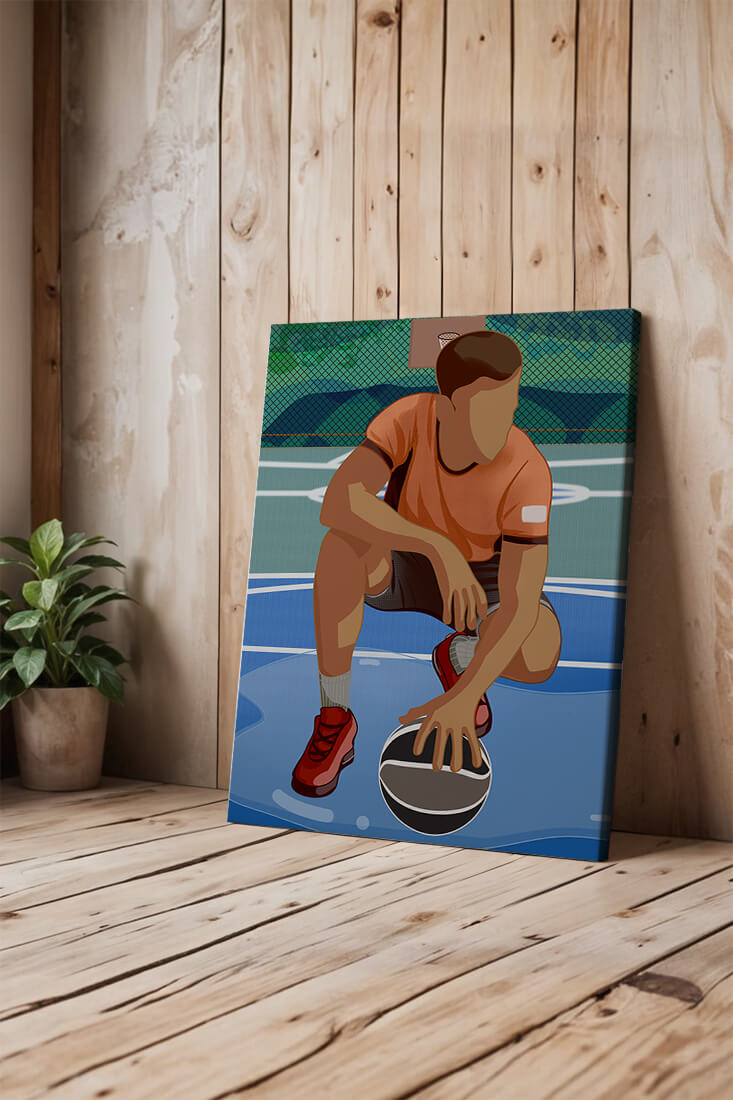 Illustration of a basketball player on a court in a dynamic pose