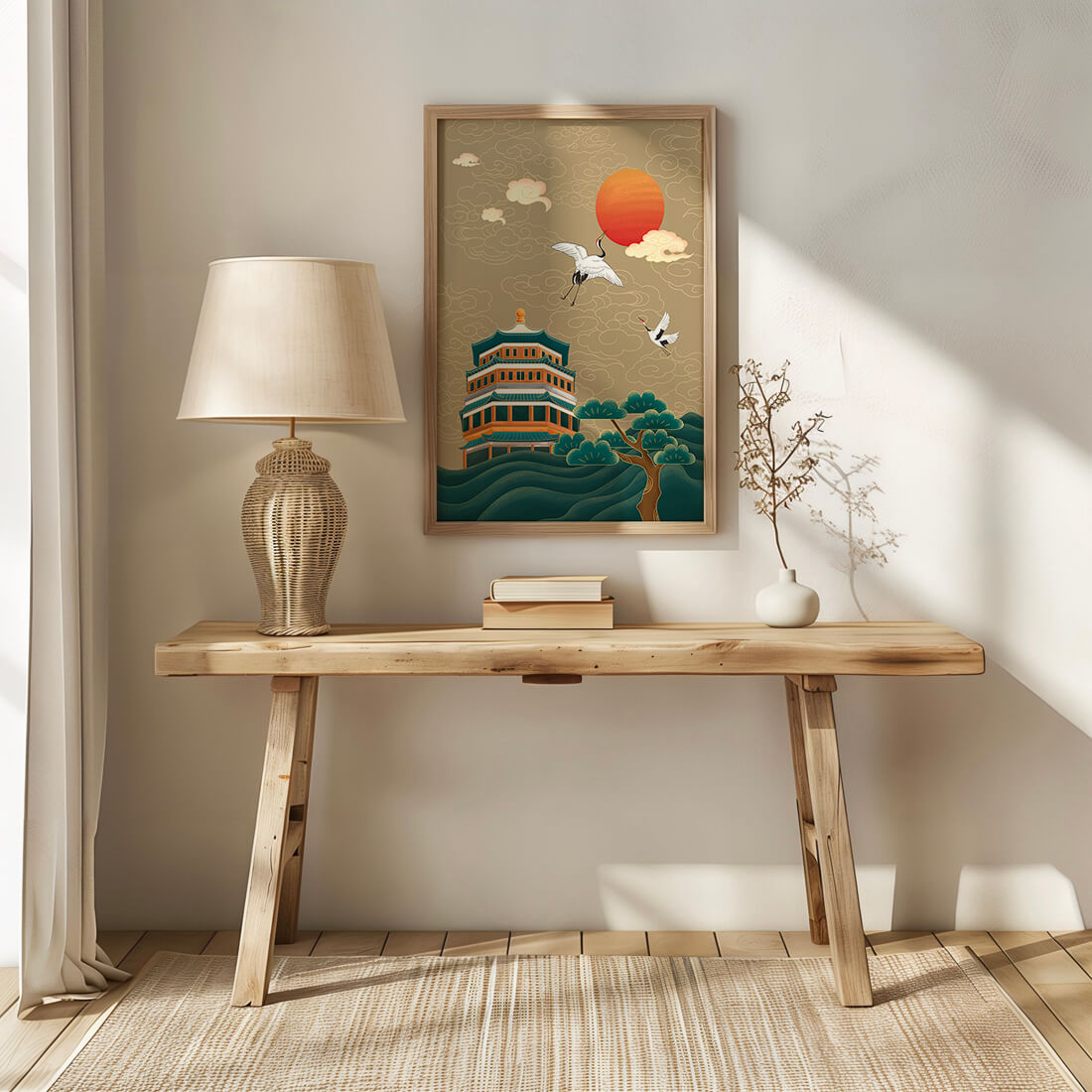 Traditional Asian art with cranes and temple at sunset