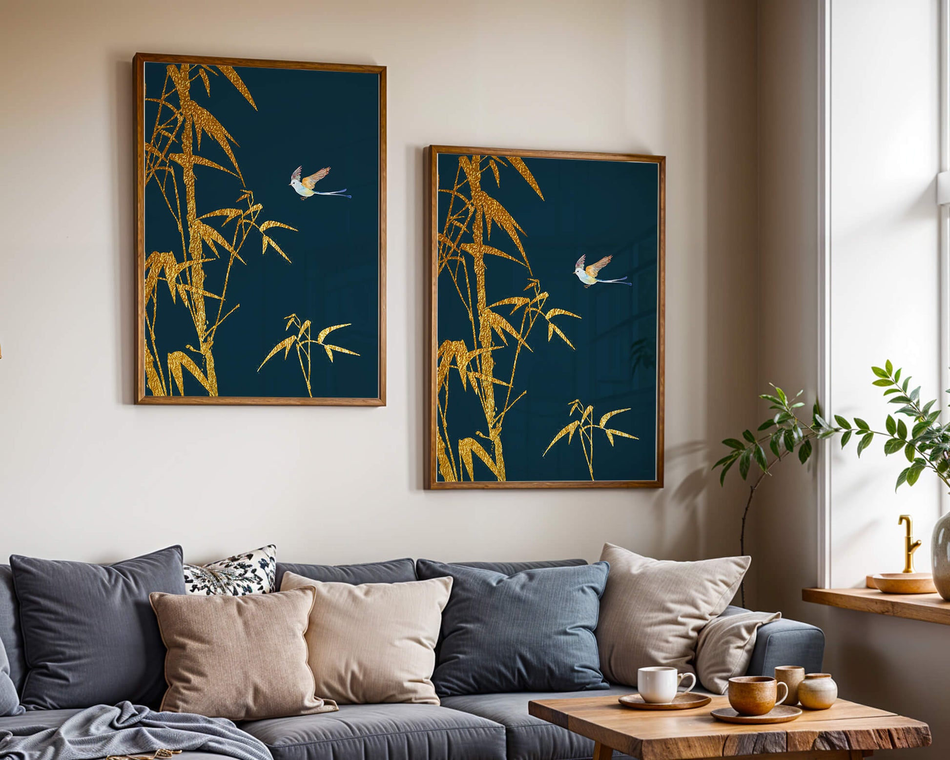 Golden bamboo and bird against a deep blue background