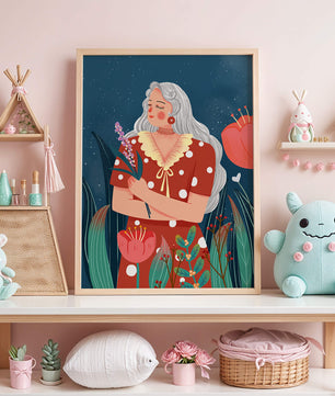 Serene illustration of a woman with flowers under a starry night sky