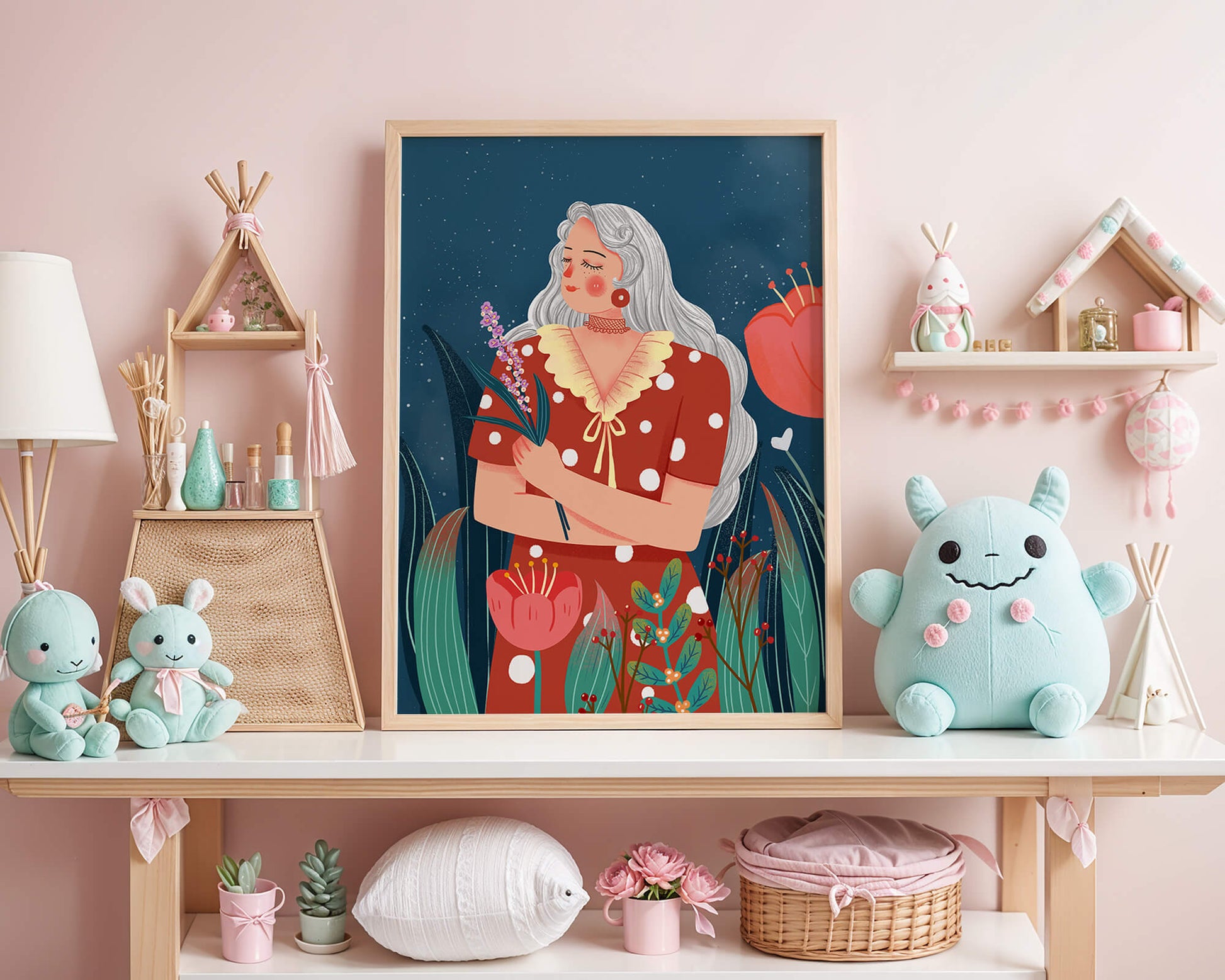 Serene illustration of a woman with flowers under a starry night sky