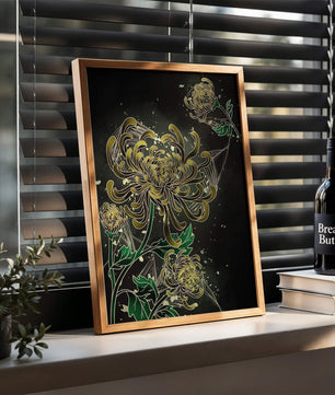 Œuvre élégante de chrysanthèmes dorés et verts sur fond sombre