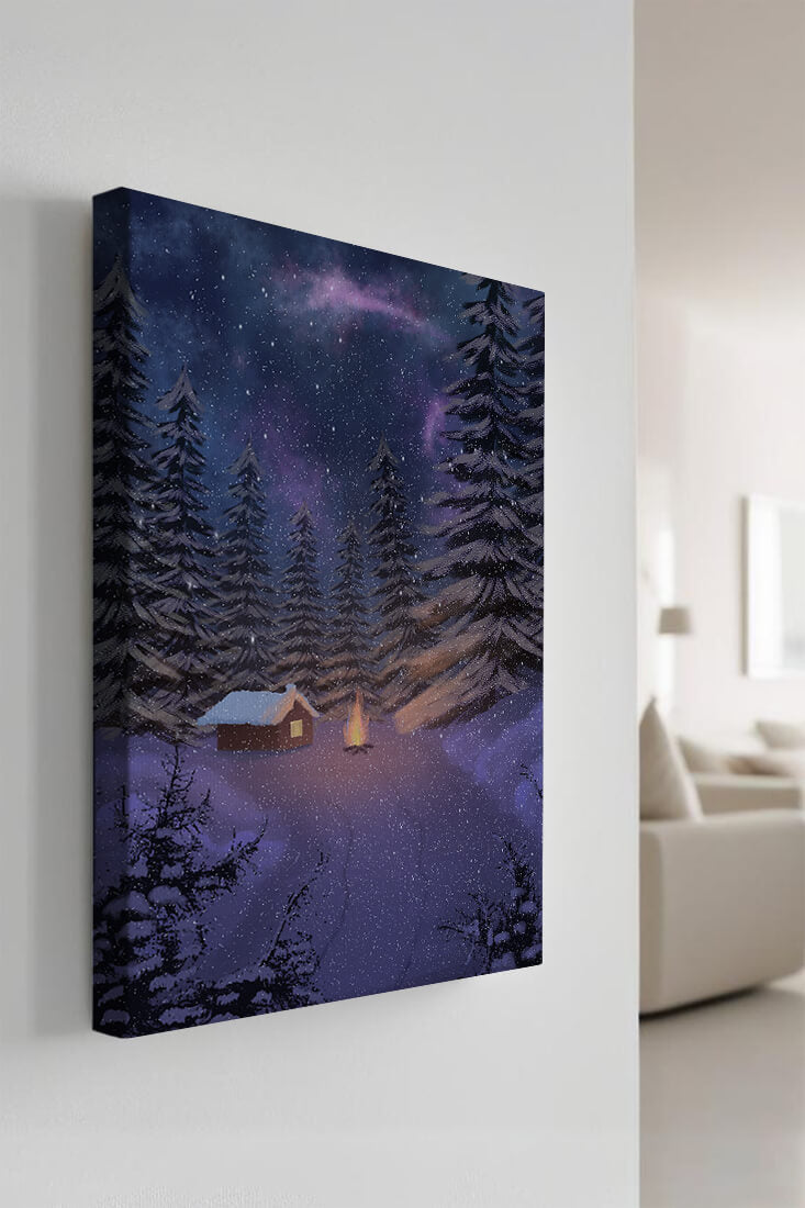 Winter night landscape with snowy cabin and pine forest