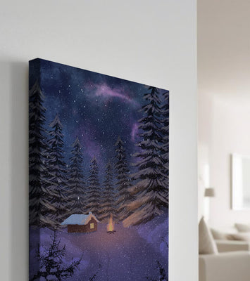 Winter night landscape with snowy cabin and pine forest