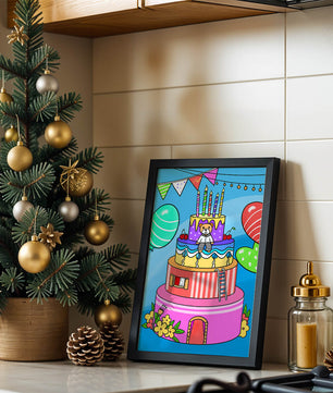 Colorful birthday cake with teddy bear and festive decorations