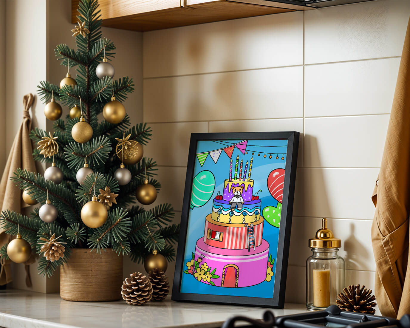 Colorful birthday cake with teddy bear and festive decorations