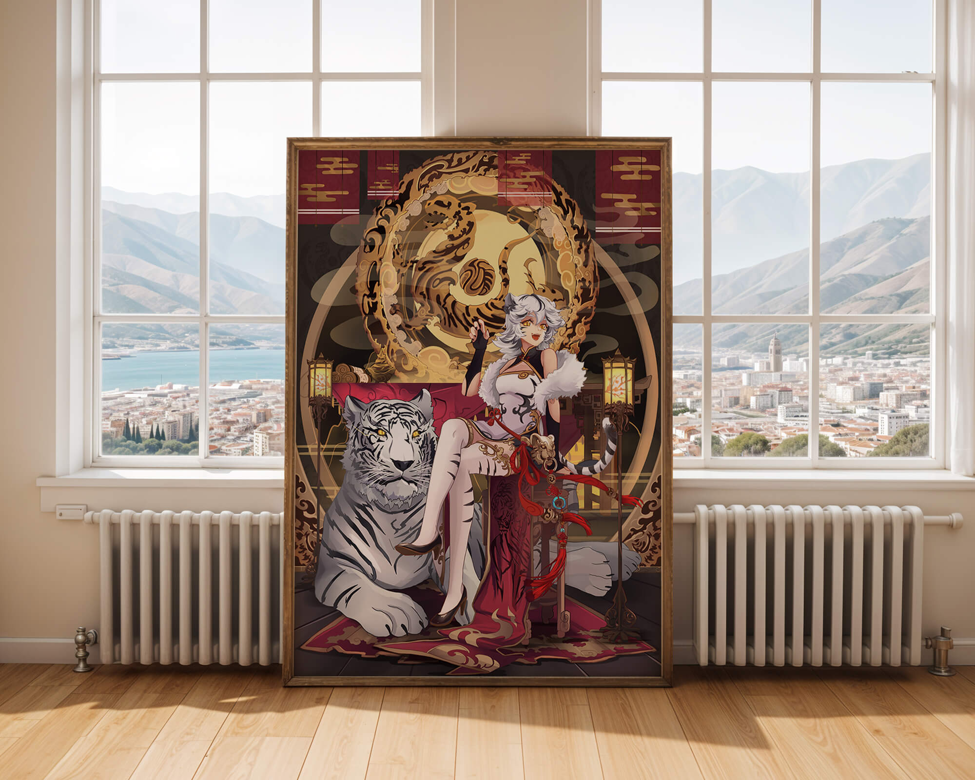 Elegant fantasy character with mystical tiger and ornate decor