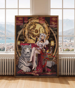 Elegant fantasy character with mystical tiger and ornate decor