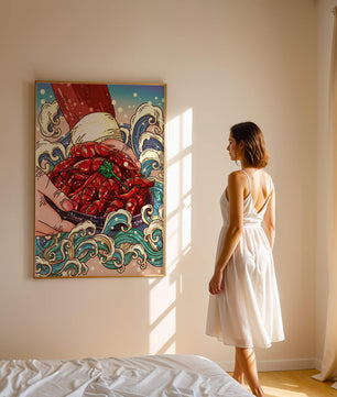 Colorful Cartoon Illustration of Hand Holding Crawfish Over Decorative Waves